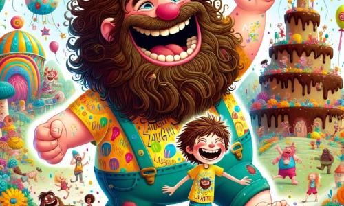 Un gigante allegro di nome Gino, alto come un albero, con una grande barba ricci e capelli arruffati, si trova al centro della scena, ridendo di cuore, con gli occhi scintillanti di felicità. È dipinto con colori vivaci, con macchie di vernice blu e rossa sulla pelle, il che lo rende ancora più divertente. Accanto a lui, un ragazzino di 10 anni di nome Marco, con capelli castani in disordine e un grande sorriso, alza le braccia al cielo, ridendo anche lui. Indossa una maglietta colorata con motivi di risate e un pantaloncino di jeans, e si tiene in punta di piedi, pieno di energia. Lo sfondo si svolge sulla collina delle risate, un luogo magico pieno di fiori giganti dai colori vivaci, palloncini fluttuanti e una grande torta a forma di castello di cioccolato, circondata da creature fantastiche che ballano e si divertono. La scena principale mostra Gino e Marco che ridono insieme, circondati da amici, mentre condividono barzellette e giochi, creando un'atmosfera di gioia e amicizia, dove le risate risuonano nell'aria e ogni creatura è piena di vita e felicità.
