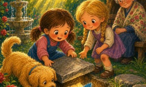 Una niña de 4 años, emocionada y curiosa, ojos grandes y brillantes, mejillas sonrosadas y coletas castañas, empuja con ambas manos una losa gris plana; junto a ella, un perrito llamado Timo de pelaje dorado mueve la cola y olfatea la losa; otra niña de unos 4 años con trenza rubia y rodilla algo sucia sonríe tímidamente y ofrece la mano; una abuela de unos 70 años, piel arrugada y chal con motivos florales, observa con ternura desde un banco de madera; el jardín íntimo tiene césped verde, rosales rojos, una pequeña fuente de piedra brillante, piedras planas y un gran árbol de hojas verdes oscuras; la losa se levanta un poco y revela una cavidad con un pequeño pergamino arrugado y una pluma azul que brillan débilmente, mientras una luz dorada se filtra entre las hojas e ilumina los rostros maravillados.