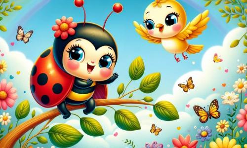 Una piccola coccinella di nome Lalla, con un corpo rosso vivo punteggiato di pois neri, esprime grande gioia con un ampio sorriso e occhi scintillanti. Ballando su un grande ramo di un albero dalle foglie dorate, è circondata da fiori colorati che si piegano dolcemente al vento. Accanto a lei, un uccello giallo di nome Pipo, con un piumaggio splendente e ali spiegate, canta allegramente, fluttuando leggermente sopra Lalla. Il luogo è un giardino magico, pieno di fiori brillanti di tutti i colori, farfalle che danzano e un cielo blu chiaro punteggiato di nuvole bianche e soffici. Al centro, un arcobaleno scintillante aggiunge un tocco di magia alla scena. La situazione principale mostra Lalla e Pipo mentre esplorano insieme, Lalla che balla gioiosamente sul ramo, mentre Pipo canta una melodia coinvolgente, creando un'atmosfera di felicità e amicizia in questo giardino incantevole.