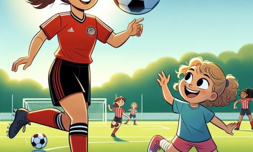 Die Hauptfigur, Lea, ist eine sportliche junge Frau von etwa 25 Jahren mit braunen, zu einem Pferdeschwanz gebundenen Haaren. Sie trägt ein rotes Fußballtrikot und eine schwarze Shorts, und ihr Gesicht strahlt Freude und Entschlossenheit aus, während sie geschickt mit einem Fußball jongliert. Neben ihr steht Emma, ein 8-jähriges Mädchen mit lockigem, blonden Haar und einem breiten Lächeln, das Lea bewundernd ansieht. Sie trägt ein blaues T-Shirt und eine rosa Shorts, hält einen Fußball in den Händen und ist bereit zu lernen. Die Szene spielt auf einem weitläufigen, sonnigen Fußballfeld mit gut gezogenen weißen Linien und grünen Bäumen im Hintergrund. Leas Teamkollegen trainieren in der Ferne in Fußballkleidung, was der Umgebung eine dynamische Atmosphäre verleiht. Die Hauptsituation zeigt Lea, die mit dem Ball jongliert, während Emma, begeistert, versucht, sie nachzuahmen, was eine Atmosphäre von Kameradschaft und Lernen auf dem Feld schafft.