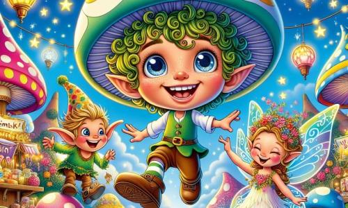 De hoofdpersonage is een elf genaamd Lenny, een jongen met krullend groen haar, die een grote hoed in de vorm van een paddenstoel draagt met een gouden ster bovenop. Hij heeft een vrolijk gezicht, met grote sprankelende ogen en een stralende glimlach, en hij springt van blijdschap, terwijl zijn schoenen een "piou-piou" geluid maken bij elke stap. Naast hem staat een kleine elf, een meisje met glinsterende vleugels en gouden haar, die lacht terwijl ze probeert sterren uit de lucht te vangen. Ze draagt een jurk gemaakt van kleurrijke bloemblaadjes en lijkt verwonderd door de magie om haar heen. De scène speelt zich af op de Glimavondmarkt, een feeërieke markt vol levendige kleuren, met kraampjes vol glinsterende snoepjes, dansende bloemen en grappige wezens. De lucht is helderblauw, bezaaid met wolken in de vorm van snoepjes, en gekleurde lantaarns zweven in de lucht. De belangrijkste situatie toont Lenny en de elf die vrolijk dansen te midden van de menigte, omringd door gelach en muziek, terwijl ze proberen vallende sterren te vangen die om hen heen dansen, wat een feestelijke en magische sfeer creëert.
