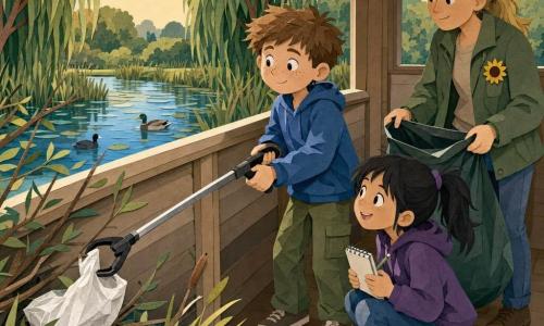 An 8-year-old boy with a round freckled face and tousled brown hair, focused and slightly proud, uses a long grabber to remove a white plastic bag caught in branches near the water; an 8-year-old girl (Maya) with black hair in a ponytail, bright eyes and a mischievous smile crouches beside him taking notes/drawings in a small notebook while watching the bag; an adult woman (Ms. Carter, 30–40) with tied blond hair and a sunflower badge on her jacket stands behind them with a protective hand on an open trash bag, smiling gently; the setting is a small wooden observatory hut with low windows and light planks at the edge of a calm pond ringed with weeping willows, reeds and tall grasses, the shimmering water showing blue-green reflections under a soft late-afternoon sky; the scene centers on the calm, optimistic act of collecting litter to protect birds, in pastel colors with white plastic highlights, visible cut-paper textures, light shadows, and a composition focused on the act of seizing the bag.