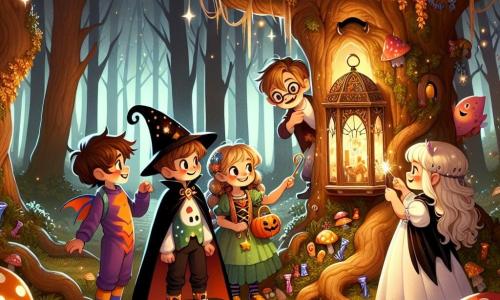 W zaczarowanej polanie grupa czterech dzieci przygotowuje się do przygody Halloweenowej. Kuba, siedmioletni chłopiec z brązowymi, rozczochranymi włosami i ciekawymi oczami, ubrany jest w kolorowy kostium małego potwora. Zosia, siedmioletnia dziewczynka z długimi, warkoczami blond włosami i czarnym kapeluszem czarownicy, radośnie uśmiecha się do Kuby, trzymając w ręku małą, świecącą różdżkę. Franek, siedmioletni chłopiec w okularach i z kasztanowymi włosami, przebrany za wampira w czerwoną pelerynę, stoi po lewej stronie Kuby i wskazuje na tajemnicze drzewo. Basia, siedmioletnia dziewczynka z warkoczykami i białym kostiumem ducha, znajduje się po prawej stronie Zosi i zbiera świecące cukierki z ziemi. Polana otoczona jest wysokimi drzewami z złotymi liśćmi, a świecące grzyby oświetlają ziemię. W centrum stoi duże, stare drzewo z powykręcanymi korzeniami, w którym znajduje się tajemnicza latarnia świecąca miękkim, magicznym światłem. Dzieci, pełne ekscytacji, odkrywają ukryte cukierki pod liśćmi, gotowe przeżyć niezapomnianą przygodę w tę noc Halloween.