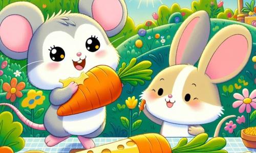 Eine kleine Maus namens Mimmi mit einem weichen grauen Fell und großen, neugierigen Augen springt vor Freude und hält eine große orangefarbene Karotte in ihren Vorderpfoten. Sie hat ein breites Lächeln im Gesicht, das ihre Begeisterung für das Frühstück zeigt, das sie vorbereitet. Neben ihr reicht Hoppel, ein niedlicher kleiner Hase mit langen Ohren und hellbraunem Fell, freundlich und fröhlich ein Stück Käse. Sie befinden sich in einem bunten Garten, der mit strahlenden Blumen und frischem Gemüse gefüllt ist, unter einem sonnigen blauen Himmel. Die Szene zeigt Mimmi und Hoppel, die ein fröhliches Frühstück zubereiten, umgeben von Gemüse und Käse, mit einer Atmosphäre von Kameradschaft und Glück.