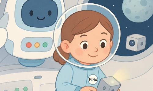 A smiling, focused girl named Mina with bright eyes and rosy cheeks wears a pale blue soft spacesuit with a round "MINA" badge and gently pushes a small glowing box into a tube with calm, precise gestures; a small friendly ship with a large porthole and a screen showing a simple kind face stands behind her as a protective companion; a secondary small square light-gray box with a blinking green light and round camera drifts out of the tube toward the Moon; the setting is a spacious, clean cabin with white walls, smooth surfaces, colored buttons and three green indicators, and a large circular porthole showing the blue Earth with white clouds below and the gray Moon close outside; the scene centers on Mina releasing the exploration box toward the Moon with tender precision, soft light, vivid pastel colors, crisp outlines, and a calm, reassuring atmosphere.