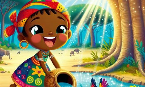 Nia, een meisje van ongeveer 10 jaar, draagt een mooie kleurrijke jurk met Afrikaanse patronen en een felrode sjaal op haar hoofd. Ze heeft een stralende glimlach en sprankelende ogen van opwinding terwijl ze een kalebas met water vult bij een verborgen bron. Naast haar vliegt een klein vogeltje met glanzende, kleurrijke veren, vrolijk zingend om haar heen, wat een vleugje magie aan de scène toevoegt. De locatie is een groene open plek, omringd door grote baobabbomen met dikke stammen en weelderige bladeren, met zonnestralen die door het loof filteren en de fonkelende waterbron verlichten. De belangrijkste situatie toont Nia, vol vreugde en vastberadenheid, die de waterbron ontdekt, klaar om water naar het dorp te brengen om de dorstige dieren en bewoners te helpen.