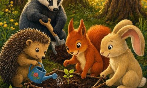 Nina, ein junger roter Eichhörnchen mit flauschigem Fell und großen glänzenden Augen, sitzt am kleinen Erdbeet und lächelt, während sie behutsam eine Pfote nahe an einen winzigen grünen Keim legt; Timo, ein kleiner brauner Igel mit weichen Stacheln, gießt links tropfenweise mit einer kleinen blauen Gießkanne, konzentriert und zärtlich; Milla, eine cremefarbene Häsin mit langen weichen Ohren, steht hinten rechts und hat einen Rahmen aus dünnen Ästen um das Beet gelegt, stolz und sanft; Bruno, ein stämmiger Dachs mit schwarz-grauem Fell, kniet im Hintergrund und schaufelt braunen Kompost, ruhig und zufrieden; Ort: ein gemütlicher Waldgarten mit dunkler, lockerer Erde, Moosteppich, drei Eichenstämmen im Hintergrund, vereinzelten gelben Wildblumen und goldenen Sonnenstrahlen; Hauptszene: alle Tiere versammelt um das Beet, in dessen Mitte ein winziger hellgrüner Blattkeim aus der Erde sprießt, kollektive, hoffnungsvolle und liebevolle Stimmung; Stil: warme, kräftige Acrylmalerei mit sichtbaren Pinselstrichen, weichen Konturen und abendlich goldenem Licht.
