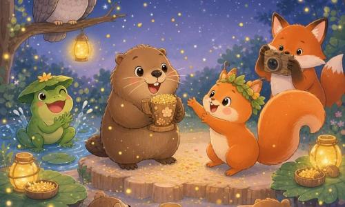 Mimosa, a marmota, está ao centro feliz e orgulhosa, sorriso largo, pelagem castanha macia, segurando um pequeno troféu de madeira coberto de pólen; Pompom, o esquilo, ao lado, empolgado, cauda laranja farta, salto, coroa de folhas torta estendendo as patas para Mimosa; a raposa fotógrafa sentada atrás com pelo ruivo e câmera de casca apontada; Grinalda, a rã, flutuando num pequeno lago com chapéu de vitória-régia e batendo palmas fazendo respingos; a coruja bibliotecária empoleirada numa rama acima, penas cinzentas e óculos, observando; cena numa clareira noturna com troncos como palco, lâmpadas de vaga-lumes, lanternas quentes e céu estrelado; cerimônia pequena e divertida com confetes de pólen e farinha, animais rindo e aplaudindo.