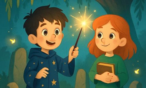 In the center of the image, a young boy named Oliver, about 12 years old, is a wizard apprentice with messy brown hair and sparkling curious eyes. He wears a midnight blue wizard robe adorned with golden stars and holds a shimmering wand in his hand, his face expressing both excitement and slight nervousness as he prepares to cast his first spell. Beside him is his best friend Mia, an 11-year-old girl with fiery red hair and freckles, watching with an encouraging smile. She wears a green tunic and holds a small spellbook, ready to assist him. The setting unfolds under a large weeping willow, its drooping branches creating a mystical and welcoming atmosphere. Fireflies dance around them, illuminating the ground covered in golden leaves, while a light mist floats in the air, adding a touch of magic to the scene. The main situation shows Oliver and Mia standing in a circle of ancient stones, surrounded by bright light, as Oliver is about to say the magic word 