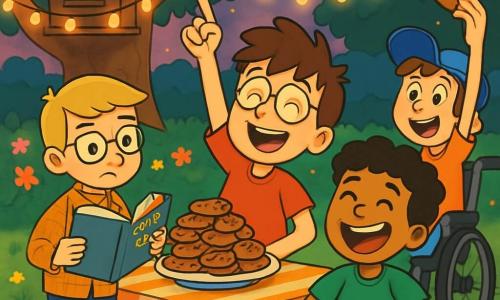 There are 4 children: - **Max**: a 10-year-old boy with messy brown hair and round glasses. He wears a red t-shirt and blue shorts, standing in the center with one hand raised and a big smile, as if he just had a brilliant idea. - **Sam**: an 11-year-old boy with blonde hair and rectangular glasses. He is dressed in a checkered shirt and jeans, to the left of Max, holding an open detective book and looking focused. - **Ollie**: a 9-year-old boy with curly black hair and a big smile. He wears a green t-shirt and yellow shorts, to the right of Max, making a funny face with one hand on his belly, as if he ate too many cookies. - **Leo**: a 10-year-old boy with chestnut hair and a mischievous smile. He is in his wheelchair at the back, wearing a blue cap backward, holding a cookie up, ready to take a bite. The scene takes place in Max's garden, filled with colorful flowers and a large green lawn. In the background, there is a majestic tree with a big treehouse in its branches. Twinkling fairy lights shine in the dusk, and a table is set with plates of cookies on a striped tablecloth. The main situation shows the four friends celebrating their victory after discovering a treasure of cookies. They laugh together, surrounded by treats, with joyful expressions on their faces, illustrating the spirit of friendship and adventure that unites them.