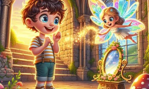 A little fairy named Luna, with shimmering wings like colorful stained glass, joyfully flies around a curly-haired boy, Oliver, who is about 10 years old. Oliver, with sparkling blue eyes and a big smile, looks in wonder at a magical mirror glowing in the center of an ancient room. The setting is a ruined castle bedroom, bathed in soft golden light, with stone walls covered in ivy and sunlight streaming through broken windows. Colorful flowers and glowing mushrooms decorate the floor, adding a touch of magic to the environment. The main scene shows Oliver discovering the enchanted mirror, while Luna the fairy enthusiastically encourages him, revealing the magic that resides within him.