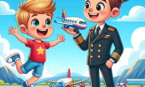 Personajul principal, un bărbat pe nume Andrei, este un pilot zâmbitor, îmbrăcat într-o uniformă bleu marin cu epauleți aurii. Are părul brun și ochii strălucitori de bucurie, stând lângă avionul său, pregătit de decolare. Alex, un băiat de 8 ani cu părul blond și ochii curioși, se află la câțiva pași de el, sărind de excitație cu un zâmbet mare pe față. Poartă un tricou roșu și o pereche de pantaloni scurți albaștri, ținând în mâini un mic model de avion. Scena se desfășoară pe un aeroport însorit, cu un cer albastru strălucitor presărat cu câteva nori albi pufosi. În fundal, se pot vedea avioane colorate parcate pe pistă și munți măreți la orizont. Situația principală arată cum Andrei îi explică lui Alex minunile zborului, în timp ce avionul strălucește sub soare, pregătit să decoleze spre noi aventuri.