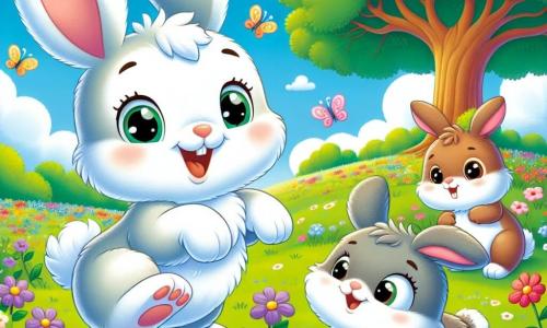 An illustration depicts a small rabbit with large ears and soft white fur, expressing joy and curiosity as it happily jumps in a green field surrounded by colorful flowers. Next to it, a little gray rabbit with white spots, smiling enthusiastically, zigzags while jumping. Another small brown rabbit with sparkling eyes stands a bit back, observing with an admiring and amused gaze. The main setting is a sunny meadow dotted with bright wildflowers and a majestic oak tree in the background, where the rabbits gather to play and rest. The scene shows the rabbits playing together, discovering new games, and learning from each other, symbolizing friendship and tolerance despite their differences. Additional elements include fluffy clouds in the blue sky, butterflies fluttering around the rabbits, and a joyful, welcoming atmosphere that reflects harmony among the characters.