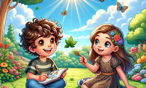 An 8-year-old boy, Ethan, with curly hair and a big smile, is sitting on the green grass of a sunny garden, surrounded by colorful flowers. His eyes shine with excitement as he holds a notebook filled with drawings and leaves he collected during his walk. Next to him, his classmate Mia, an 8-year-old girl with long brown hair wearing a floral dress, curiously looks at the leaves Ethan gathered. She sits cross-legged, her hands on her knees, ready to listen to Ethan share his discoveries. In the background, the garden is filled with vibrant flowers, fluttering butterflies, and a clear blue sky dotted with fluffy white clouds. Majestic trees stand tall, providing shade and a peaceful atmosphere. The main scene shows Ethan and Mia joyfully discussing their discoveries in nature, highlighting the importance of spending time outdoors and exploring the world without screens.