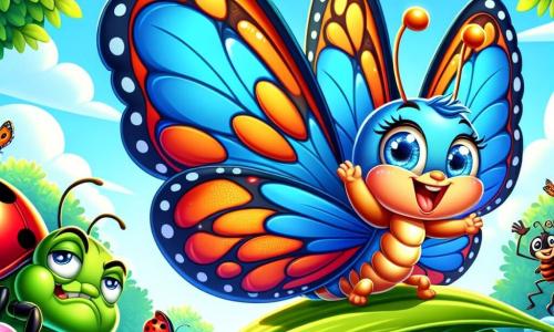 A young butterfly with shiny wings in vibrant shades of blue and orange flutters joyfully in the air, sporting a big smile. Its eyes sparkle with excitement and determination as it prepares to join the Great Butterfly Festival. Next to it, a red ladybug with black spots, looking friendly and encouraging, enthusiastically claps while perched on a green leaf, its tiny antennae quivering with excitement. In the background, a grumpy-looking grasshopper with muscular legs and bright green color stands with arms crossed, but a slight smile reveals its amusement as it curiously observes the scene, ready to join the celebration. The setting is an enchanting garden filled with bright flowers of various colors, large trees with lush leaves, and a clear blue sky dotted with fluffy white clouds. The main scene shows the butterfly dancing in the air, surrounded by its friends, celebrating the joy of friendship and triumph over impossible challenges.