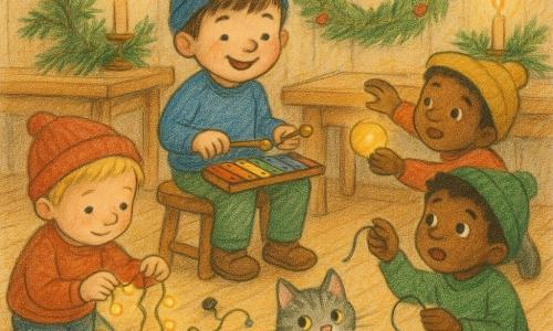 Fünf Figuren: Ben, 5, braune kurze Haare, blauer Mütze, sitzt auf einem Hocker in der Bildmitte und spielt lächelnd ein kleines Xylophon; Emil, 5, blond, rote Mütze, kniet links und entwirrt konzentriert eine Lichterkette; Jonas, 5, kastanienbraun, grüne Mütze, rechts, hält ein gefundenes Kabelstück und schaut überrascht zu Ben; Tariq, 5, schwarze Haare, gelbe Mütze, steht hinter dem Tisch und greift nach einer rollenden Lichtkugel; sowie eine graue Katze mit rotem Halsband und Clips, die nahe einer Kiste sitzt und hilft, ein gerissenes Kabel zu halten; Innenraum einer kleinen, weihnachtlich geschmückten Dorfsitzung mit hellen Holztischen, Dielenboden, Tannenschmuck und warmem gelbem Licht, Lichterketten, Kugeln und Drähte liegen verstreut.