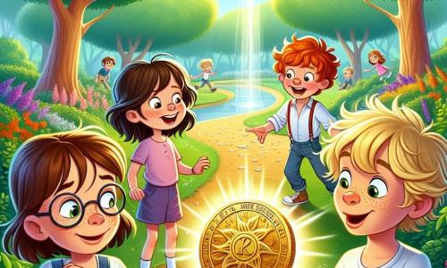 In een zonnig park staan vier kinderen samen, verwonderd over een mysterieuze medaille. Sophie, een zevenjarig meisje met bruin haar en een bril, kijkt nieuwsgierig naar de medaille, haar ogen stralend van opwinding. Naast haar houdt Max, een zevenjarige jongen met rommelig blond haar, de medaille in zijn handen, met een uitdrukking van verbazing op zijn gezicht. Emma, een zevenjarig meisje met rood haar en sproeten, glimlacht terwijl ze een theatrale gebaar maakt, alsof ze een groot avontuur aankondigt. Ten slotte staat Sam, een zevenjarige jongen met kastanjebruin haar en een bril, iets op de achtergrond met zijn armen over elkaar en een peinzende blik op zijn gezicht.

Het park is vol groen, met majestueuze bomen, kleurrijke bloemen en een stralend blauwe lucht. In de verte zijn kinderen te zien die spelen en lachen, terwijl een kronkelig pad naar een sprankelend vijvertje leidt.

De vier vrienden ontdekken de mysterieuze medaille, die straalt met een magische gloed, en bereiden zich voor op een ongelooflijk avontuur in de tijd, vol mysteries en ontdekkingen.