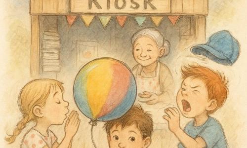 Ein fröhlicher Morgen: ein sechsjähriger Junge mit rundem Gesicht, zerzausten braunen Haaren und großem mutigem Lächeln hält schützend einen bunten Ballon; links steht die fünjährige Mia mit blonden Zöpfen und gepunktetem Kleid, sie summt und pustet beruhigend, rechts Ben, ebenfalls sechs, rothaarig mit großer blauer Mütze und frechem Ausdruck, niest laut und greift nach der Mütze, die dem Ballon zu fliegen droht; hinter dem Holzkiosk mit rotem Dach, Zeitungsstapeln, bunten Plakaten, Girlanden und Schild "Kiosk" lächelt die ältere Frau Frau Krümel im geblümten Schürzenkleid und reicht ein Gebäck; leichter Wind lässt den Ballon über den Kindern schwanken, alle halten den Atem und lachen dann, als er langsam mit einem „pfff“ die Luft verliert; warme Morgenstimmung, weiches Licht und kameradschaftliche Gesten.