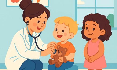 A smiling female doctor, Dr. Ana, wears a bright white coat and a stethoscope around her neck. She has brown hair in a bun and sparkling, kind eyes. She is crouched down, examining a little blond boy holding a teddy bear, who has a big smile on his face. Next to them, a curly-haired 5-year-old girl stands with a scraped knee, looking at Dr. Ana with admiration. She wears a pink dress and yellow sandals. The scene takes place in a bright clinic with pastel blue walls, colorful fruit and vegetable posters, and toys scattered on the floor. A large window lets in sunlight, creating a warm and welcoming atmosphere. Dr. Ana listens to the boy's heart with her stethoscope while the little girl waits her turn, eager and curious. The ambiance is joyful and reassuring, filled with laughter and colors.