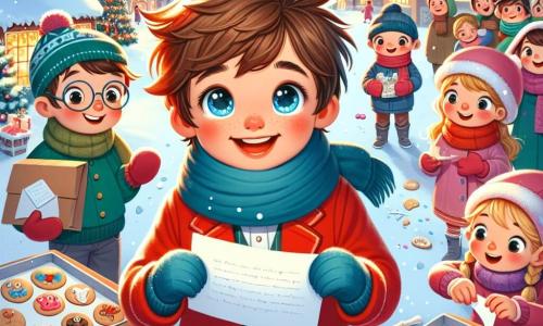 Un niño de 9 años, con el cabello castaño desordenado y ojos brillantes de curiosidad, se encuentra en el centro de la escena. Lleva un abrigo rojo brillante, una bufanda de lana azul y guantes de lana, sosteniendo una carta en sus manos con una sonrisa de emoción en su rostro. A su derecha, una niña de 8 años, con trenzas rubias y mejillas sonrosadas, decora pasteles de Navidad con chispas de azúcar, riendo alegremente. A su izquierda, un niño de 9 años, su mejor amigo, con gafas redondas y un suéter verde, sostiene un gran cartel colorido que dice "¡Ayuda a Santa a cumplir un deseo!". La escena transcurre en un encantador pueblo nevado, donde casas con techos cubiertos de nieve brillante están decoradas con luces navideñas. En el centro, un gran árbol iluminado brilla, rodeado de familias que se reúnen para celebrar. El niño, lleno de entusiasmo, anuncia a sus amigos que van a repartir pasteles y compartir un mensaje especial para ayudar a los niños necesitados, creando así una atmósfera de solidaridad y alegría.