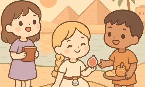 Hay tres niños: una niña de unos 9 años, cabello castaño medio, vestido lavanda y sandalias, de pie a la izquierda con un pequeño libro de cuero brillante, mirada asombrada al cielo; otra niña de unos 9 años, cabello rubio en trenza, túnica crema, sentada en el centro sobre una estera con un pequeño reloj de arena en la cintura, sonriendo y compartiendo higos; un niño de unos 8 años, piel bronceada, cabello negro corto, túnica ocre, de pie a la derecha inclinándose con un gesto amistoso y ofreciendo un plato de pan y miel. Escena en la orilla del Nilo al atardecer: arena dorada, agua con reflejos anaranjados, pirámides lejanas, palmeras y casas de adobe, pequeños barcos de barro. Situación: los tres comparten una merienda sobre una estera junto al río, risas y gestos amistosos, migas de pan y gotas de miel visibles, ambiente cálido y mágico, luz suave del crepúsculo, contornos redondeados y paleta de tonos cálidos y pastel, composición centrada en los rostros expresivos.
