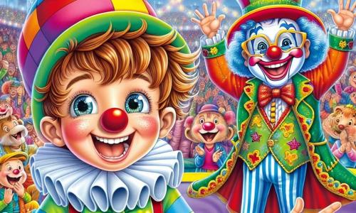 Un ragazzo di 9 anni, Marco, con i capelli castani arruffati e gli occhi scintillanti di gioia, è al centro dell'immagine. Indossa un costume colorato da clown, con un grande naso rosso e un cappello a righe. Marco ride di cuore, con le guance leggermente arrossate dall'eccitazione, mentre si prepara a saltare su un trampolino. Accanto a lui, Pippolo, un clown gioioso di circa 30 anni, con il viso dipinto di bianco e un grande sorriso, è pronto ad incoraggiarlo. Indossa un costume stravagante con motivi multicolori e un grande papillon. Pippolo fa gesti comici, aggiungendo all'atmosfera festosa. Lo sfondo è quello di un circo animato, con un grande tendone dai colori vivaci, luci scintillanti e palloncini fluttuanti. Gli spettatori meravigliati applaudono e ridono, mentre animali da circo, come un elefante e tigri, aggiungono alla magia del momento. La scena principale mostra Marco che, con un grande sorriso, si lancia in aria dal trampolino, pronto a eseguire un'acrobazia comica, mentre Pippolo lo incoraggia con entusiasmo, creando un'atmosfera gioiosa e piena di energia.