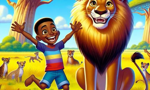 Kofi, un ragazzo africano di circa 10 anni, ha occhi brillanti come stelle e un ampio sorriso che illumina il suo viso. Indossa una maglietta colorata e pantaloni corti di tessuto leggero, mentre danza gioiosamente in una radura, con le braccia alzate verso il cielo, pieno di energia e felicità. Accanto a lui c'è un maestoso leone di circa 5 anni, con una criniera dorata che brilla al sole, fiero e protettivo, che guarda Kofi con ammirazione. Lo sfondo è una vibrante savana africana, con imponenti baobab, erbe alte che ondeggiano dolcemente nel vento e un cielo blu brillante punteggiato di nuvole bianche. La scena principale mostra Kofi e il leone che celebrano la loro vittoria sul cacciatore, circondati da animali della savana che danzano e applaudono, creando un'atmosfera di gioia e amicizia.