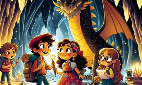 En una cueva misteriosa, un grupo de cuatro amigos se enfrenta valientemente a un gran dragón. Clara, una niña de diez años con cabello rizado y un vestido colorido, avanza con una mirada decidida. A su izquierda, Miguel, un chico intrépido con cabello castaño y una gorra roja, la anima con una sonrisa confiada. A la derecha, Sofía, una niña con cabello largo y trenzado, lleva una mochila llena de lápices y papeles, lista para dibujar su aventura. Leo, un chico soñador con gafas redondas, se queda un poco atrás, con los ojos abiertos de asombro. La cueva es oscura pero iluminada por una luz dorada que emana del dragón, cuyas escamas brillan como estrellas. Los muros de la cueva están adornados con cristales centelleantes, y sombras bailan a su alrededor, creando una atmósfera mágica y misteriosa. En el centro de la escena, el dragón, majestuoso e imponente, observa a los niños con curiosidad, mientras ellos le hablan sobre la importancia de la amistad. El aire está cargado de una tensión palpable, pero también de esperanza, mientras se preparan para establecer un vínculo con esta criatura legendaria.