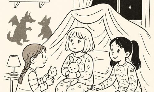 Hay tres niñas: una de unos 7 años, pelo castaño claro al corte carré, en pijama de estrellas, sentada en el centro del cama abrazando un pequeño conejito de peluche y mirando la ventana; una de unos 8 años, pelo castaño trenzado, en pijama a rayas, arrodillada a la izquierda con una linterna en forma de gato proyectando sombras en la pared; y una de unos 9 años, pelo negro en dos coletas, en pijama de dinosaurios, a la derecha empujando la gran manta para formar una cabaña y sonriendo; habitación infantil acogedora con ventana por la que entra una luna brillante, estantería de peluches y alfombra suave; escena de amigas bajo la manta jugando de noche, con sombras en la pared que parecen animales imaginarios y una atmósfera dulce y reconfortante.