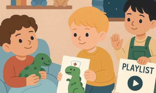 Ci sono tre bambini di 4 anni: Tommaso, capelli castani ricci e guance rosate, coperta celeste sulle ginocchia, sdraiato su un piccolo divano a sinistra con un peluche dinosauro verde che sorride leggermente; Luca, capelli biondi corti e maglione giallo, accovacciato a destra che mostra un disegno colorato di un dinosauro infermiere e guarda Tommaso con tenerezza; Amir, capelli neri lisci e salopette verde, in piedi dietro Luca con una grande scheda intitolata PLAYLIST facendo un gesto di calma. L'ambiente è una camera/soggiorno per bambini accogliente con pavimento in legno chiaro, tappeto rotondo a stelle, lampada su un tavolino a destra, finestra notturna con tenda blu e luna visibile e uno scaffale con libri e peluche; i tre amici, in un'atmosfera calda e colori pastello, stanno preparando una playlist a basso volume per consolare il malato Tommaso, con espressioni tenere e rassicuranti.