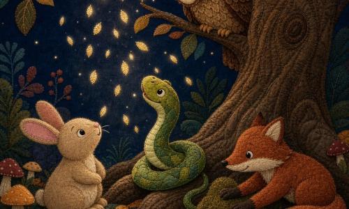 Un piccolo serpente è il protagonista: sottile e curvo, pelle verde brillante con motivi a foglia, occhi rotondi e curiosi, si avvolge attorno a una radice guardando il cielo; a sinistra la lepre Lilla, pelliccia beige da feltro e grandi orecchie rosa, è seduta sulle zampe posteriori e osserva le luci cadere; più in alto il grande gufo Gino è posato su un ramo, piume marroni e occhi saggi, inclina la testa come per ascoltare; a destra la volpe Fiore, pelliccia ruggine e coda folta, sistema un piccolo lettino di muschio accanto al serpente; la scena è una radura ai piedi di un grande albero nodoso con tronco spesso e radici a cuscino, tappeto di foglie e funghi, notte dolce con cielo indaco; tutti gli animali sono riuniti attorno all'albero mentre piccole luci dorate a forma di semi cuciti cadono lentamente e si posano come pagliuzze sui peli; il serpente è avvolto da una luce calda e i volti degli animali appaiono sereni e sorridenti.