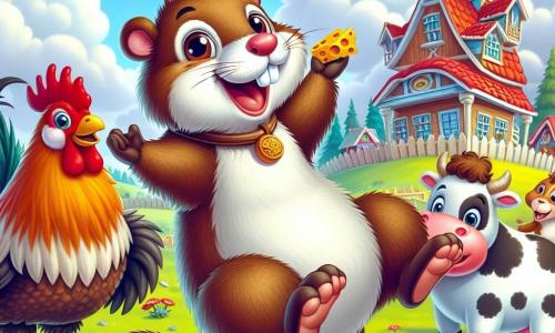 Al centro dell'immagine, una marmotta gioiosa di nome Mimmo, con un pelo marrone morbido e occhi brillanti di curiosità, salta di gioia tenendo un pezzo di formaggio tra le sue piccole zampette. Accanto a lui, un gallo sfavillante di nome Giorgio, con piume rosse e dorate, canta con entusiasmo, le ali spiegate, mentre una dolce e rotonda mucca, Maria, con macchie bianche e nere, sorride tenendo una carota in bocca. Sullo sfondo, una colorata fattoria si erge, circondata da campi verdi e un cielo blu punteggiato di nuvole soffici. La scena mostra Mimmo e i suoi amici in una competizione ludica, ridendo e divertendosi in un'atmosfera festosa, pronti a scoprire chi troverà il maggior numero di formaggi nascosti nella fattoria.