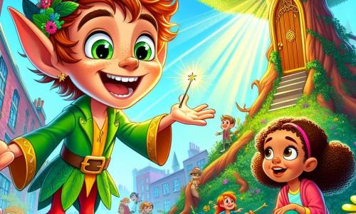 A cheerful elf named Finn, with pointy ears, messy red hair, and a bright smile, stands at the center of the image holding a small golden wand. He wears a vibrant green outfit adorned with leaves and flowers, and his eyes sparkle with excitement. Beside him is a young girl named Lila, around 8 years old, with curly brown hair and curious eyes, looking at Finn in wonder. She wears a colorful dress and sneakers, crouched down, ready to help him. In the background, a majestic oak tree with a miniature door is visible, surrounded by vibrant flowers and rays of sunlight filtering through the leaves. The scene takes place in a bustling city alley where magic and reality meet. Finn and Lila sing together to call a lost cloud, creating an atmosphere of joy and adventure.