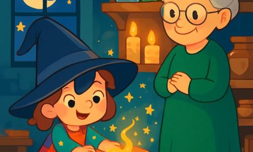 Mila, a five-year-old apprentice witch, wears a large pointed hat that falls over her sparkling curious eyes. She has on a colorful patchwork dress with embroidered stars and moons. She stands in front of a small wooden table, hands resting on a shimmering bowl, her face beaming with excitement and determination. Madame Fern, an elderly woman with a warm smile, has gray hair in a bun and wears a green velvet dress with round boots. She stands beside Mila, closely observing the magical mixture in the bowl, her hands crossed over her chest. The setting is an enchanting kitchen filled with glass jars containing colorful herbs, flickering candles, and ancient books with yellowed pages. Moonbeams filter through a window, bathing the scene in soft silver light. The main situation shows Mila and Madame Fern creating a magical talisman, with Mila focused on mixing the ingredients while sparks of magic dance around them, creating an atmosphere of mystery and wonder.