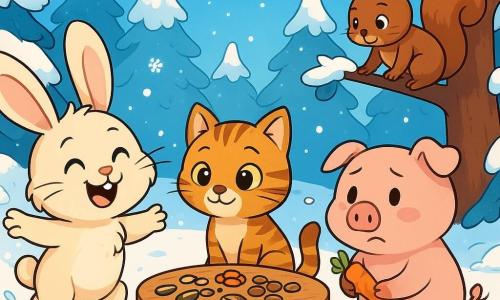 Um pequeno coelhinho travesso, chamado Bolota, com um pelo macio e felpudo, grandes orelhas e um sorriso alegre, salta na neve cintilante, seus olhos brilhando de excitação. Ao seu lado, Mia, uma pequena gata de olhos brilhantes e pelagem listrada, treme levemente, mas seu rosto está iluminado por um sorriso caloroso. Um pouco mais adiante, Tico, um esquilo de pelagem marrom e bochechas redondas, sobe em um galho, olhando com curiosidade, enquanto Pimpão, um porquinho rosa com uma expressão contrita, se mantém afastado, segurando um pedaço de cenoura compartilhado. O cenário é uma floresta encantada, onde as árvores estão cobertas por uma espessa camada de neve branca, e flocos caem suavemente do céu azul claro. No centro da cena, os amigos se reúnem em torno de uma pequena mesa de madeira, cheia de sementes e guloseimas, compartilhando um momento de alegria e camaradagem no inverno.