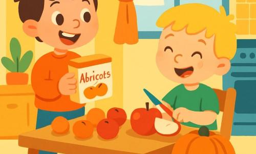 Há 2 personagens principais: - Miguel: um garoto de 6 anos, com cabelos castanhos bagunçados, vestindo um suéter laranja e uma calça azul. Ele está em pé perto da mesa da cozinha, sorrindo e segurando uma caixa de damascos. - Lucas: um garoto de 5 anos, com cabelos loiros e sardas, vestindo uma camiseta verde e um short de jeans. Ele está sentado em uma cadeira, cortando uma maçã com uma pequena faca de plástico. O local é uma cozinha acolhedora, com paredes amarelas e janelas que deixam entrar a luz do sol. Na mesa, há damascos, maçãs vermelhas e uma grande abóbora laranja. Folhas de outono em cores vivas estão espalhadas pelo chão. A cena principal mostra Miguel e Lucas cozinhando juntos, cercados por frutas de outono, rindo e se divertindo, prontos para preparar uma deliciosa receita.