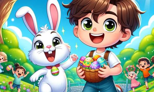 An 8-year-old boy, Lucas, with messy brown hair and sparkling curious eyes, stands in the center of the image, holding a colorful egg in his hands with a big smile on his face, full of excitement. Next to him is the famous Easter Bunny, a white rabbit with large ears, a pink nose, and bright eyes, joyfully hopping while holding a basket filled with multicolored eggs. The setting is a green park, with a majestic oak tree in the background, its wide branches offering shade, and vibrant flowers scattered on the ground. Children are laughing and running around, searching for hidden eggs, while a clear sunny blue sky illuminates the scene. The main situation shows Lucas and the Easter Bunny celebrating their success after finding the magical Easter egg map, surrounded by a joyful and festive atmosphere filled with bright colors and happiness.