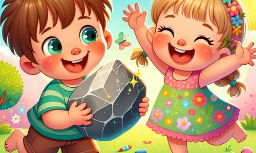 A 2-year-old boy with messy brown hair and sparkling eyes holds a shiny rock in his little hands. He has a wide smile, his round pink cheeks showing his excitement. Next to him, his 4-year-old sister with braided blonde hair and a colorful flower dress is laughing joyfully, jumping in place with her arms raised to the sky. They are in a sunny garden filled with colorful flowers, fluttering butterflies, and lush trees, with a well-kept lawn scattered with a few toys. The main scene shows the boy and his sister playing together, imagining the rock is magical, capable of making leaves fly and turning them invisible, filled with laughter and joyful gestures.