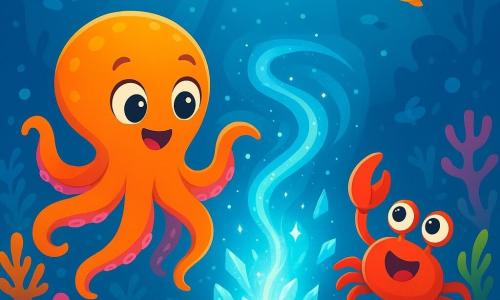 Finley, a charming brightly colored octopus with wavy arms and sparkling curious eyes, explores a mysterious underwater rift. He shows a look of wonder, his tentacles reaching towards a bright glow. Beside him, Pebble, a small bright red crab with amusing claws, displays an expression of joy and excitement, hopping on his legs while scanning the surroundings. The setting is an enchanting underwater world filled with colorful corals, shimmering fish, and rays of light filtering through the water, creating a magical atmosphere. At the center of the scene, a whirlpool of sparkling water draws the two friends closer, surrounded by shining crystals and friendly sea creatures swimming around them. The main situation shows Finley and Pebble, amazed, approaching the mysterious rift, ready to discover its dazzling secrets.