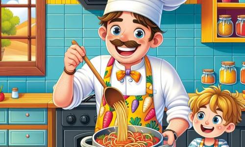 A cheerful chef in his fifties, wearing a large white hat shaped like a cloud and a colorful apron decorated with dancing carrots, stands in the center of the kitchen. His face radiates happiness, and his eyes sparkle with excitement as he stirs a large pot of spaghetti and tomato sauce. Next to him is an 8-year-old boy named Timmy, with messy blonde hair and a bright smile, watching intently. He holds a small wooden spoon, eager to help, standing on tiptoe to see better. The spacious, bright kitchen has vivid yellow walls, shelves filled with colorful spice jars, and a large window letting in sunlight. Fresh vegetables are laid out on the wooden countertop, and the air is filled with the delicious aroma of simmering sauce. In this scene, the chef and Timmy are preparing spaghetti together, sharing laughter and joy, highlighting the love of cooking and the importance of spending time together.