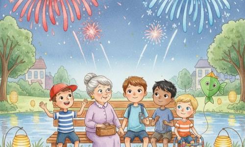 Five characters sit on a warm wooden bench by a shimmering pond: Tommy, about 8, short chestnut hair, light blue tee and small backpack, seated center holding Leo’s hand and with a music player in his jacket pocket; Ben, about 8, red cap, star-patterned shoes and striped shirt, left of Tommy, cheering and applauding toward the sky; Omar, about 8, black hair, a green kite peeking from his bag like a joyful fish, right of Tommy holding a folded kite string; Leo, about 7, fine blond hair, colorful walker with stickers, at the bench’s right end smiling shyly while holding Tommy’s hand; and an elderly woman, about 70, silver hair in a bun, wearing a lavender dress with a small wooden suitcase beside her, seated between Ben and Tommy with a comforting hand on Tommy’s shoulder. The setting is a cozy wooden bench by a bright pond, green grass dotted with paper lanterns, checkered cloths, bowls of crackers and an open small suitcase, trees with brushstroked leaves and townhouses with hanging lanterns in the background. It’s a fireworks evening: a deep blue night sky burst with large red and blue blooms and falling sparks like flowers, the characters watch in wonder, Tommy squeezes Leo’s hand and the elderly woman smiles, watercolor splashes suggest warm light and atmosphere.