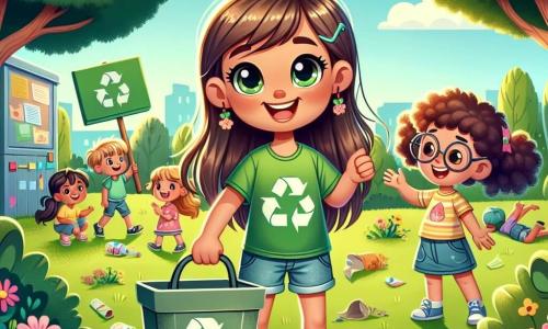 Una niña de 8 años, Clara, con largos cabellos castaños y ojos llenos de curiosidad, sonríe alegremente mientras sostiene un gran contenedor de reciclaje. Lleva una camiseta verde brillante con un dibujo de un árbol y un short de mezclilla, mostrando su entusiasmo por la protección del medio ambiente. Junto a ella, su mejor amiga Sofía, también de 8 años, con cabello rizado y gafas redondas, la anima levantando un cartel colorido que dice "¡Por un barrio más limpio!". El lugar es un parque soleado, lleno de árboles verdes, flores coloridas y césped bien cuidado, donde juegan niños y pasean familias. Clara y Sofía están sensibilizando a otros niños sobre la importancia del reciclaje, rodeadas de basura que están a punto de recoger. La atmósfera es alegre y dinámica, con niños riendo y participando en la gran limpieza del parque.