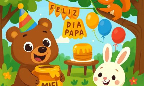 Un pequeño oso marrón, alegre y emocionado, con grandes ojos brillantes y una amplia sonrisa, está preparando una fiesta en un parque verde. Lleva un pequeño sombrero de fiesta colorido y sostiene un gran tarro de miel. Junto a él, un adorable conejo blanco con grandes orejas y mejillas rosas está colocando zanahorias sobre un mantel a cuadros rojos y blancos. Una ardilla roja, curiosa y entusiasta, trepa por una rama para colgar globos de colores. El parque está lleno de grandes árboles con hojas verdes brillantes, flores multicolores y una suave luz del sol que se filtra entre las ramas. Al fondo, hay un gran pastel de miel sobre una mesa decorada, listo para ser degustado. La escena muestra al oso y sus amigos preparando una sorpresa alegre para el Día del Padre, llena de risas y camaradería.