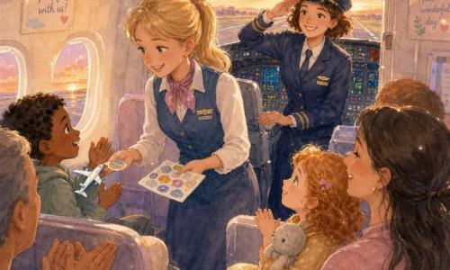 A female pilot about 30 with short brown hair under a blue captain's cap, smiling with bright eyes, stands in the cockpit saluting out the window, confident and kind with hands on the dashboard; a female flight attendant about 25 with blonde ponytail smiles in the aisle handing stickers to children, one step forward of the pilot; a 6-year-old black-haired boy at the left window applauds holding a small plastic plane; a 4-year-old red curly-haired girl sits on her mother's lap at the right, admiring the pilot and clutching a gray comfort toy; interior of an airplane at sunset with pastel seats, round windows glowing pink-orange, a detailed dashboard with colorful buttons; scene shows a successful landing with gentle applause, calm joyful mood, warm watercolor tones and white pen highlights on windows and wings.