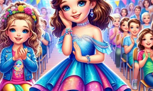Ania, 11-letnia dziewczynka, stoi na środku sceny, promieniując dumą i radością. Ma na sobie piękną niebieską sukienkę, a jej brązowe włosy są związane w ładnego kucyka, a twarz rozświetla szeroki uśmiech. Obok niej stoi jej najlepsza przyjaciółka, Kasia, 11-letnia dziewczyna z blond, kręconymi włosami, entuzjastycznie ją oklaskując, z błyszczącymi oczami pełnymi podziwu. Ma na sobie kolorowy t-shirt i dżinsy, stoi nieco z tyłu, ale jej ciepły uśmiech pokazuje bezwarunkowe wsparcie. Scena rozgrywa się w sali gimnastycznej udekorowanej kolorowymi balonami i girlandami, wypełnionej rodzicami i dziećmi siedzącymi na krzesłach, wszyscy są zafascynowani występem. Ania właśnie zakończyła swoją prezentację i zwraca się do publiczności, serce bije jej z ekscytacji i nerwowości. Oklaski rozbrzmiewają wokół niej, tworząc wibracyjną atmosferę szczęścia i sukcesu.