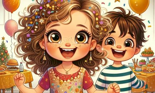 Uma menina de 4 anos, Lúcia, com grandes olhos brilhantes e cabelos cacheados, usa um vestido colorido decorado com padrões de confetes. Ela está cheia de alegria, pulando no lugar com um grande sorriso, pronta para celebrar o Ano Novo. Ao lado dela está seu irmão, Tomás, de 8 anos, com cabelos castanhos bagunçados e uma camiseta listrada. Ele ri segurando guirlandas brilhantes, pronto para decorar a casa. Sua mãe, uma mulher sorridente na casa dos trinta, com cabelos longos e lisos, está preparando um prato delicioso na mesa, cercada por comidas festivas. A cena acontece em uma sala aconchegante, decorada com luzes coloridas e balões flutuantes, com uma grande mesa cheia de iguarias. Estrelas douradas e flocos de neve de papel decoram as paredes, criando uma atmosfera festiva. Lúcia e sua família estão preparando a festa de Ano Novo, rindo e dançando juntos, enquanto aguardam ansiosamente a grande celebração da meia-noite.