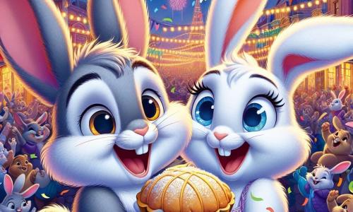 Basil, a small rabbit with big ears and soft gray fur, stands on his hind legs, his eyes shining with excitement and a wide smile on his face. He holds a piece of golden soufflé in his tiny paws, surrounded by colorful confetti falling from the sky. Aunt Petunia, an elegant rabbit with bright white fur and sparkling blue mittens, stands next to him, her eyes sparkling with joy as she laughs while catching falling pieces of carrots around them. The background shows the lively square of Lapinopolis, illuminated by twinkling lanterns and bright fireworks, with the Grand Carrot shining above, surrounded by many other festive animals all celebrating the New Year. The main scene depicts Basil and Aunt Petunia enjoying the joyful moment of the New Year’s celebration, surrounded by laughter and treats, as sparkling stars light up the night sky.