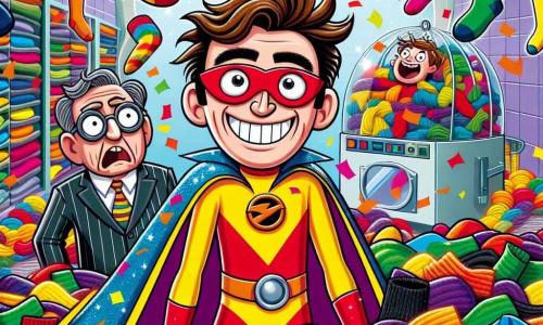 A man, Captain Quirk, stands in the center of the image with a big amused smile on his face. He is wearing a shiny superhero costume, with a sparkling red cape and a blue mask, while colorful confetti floats around him. His hair is messy, and he has mismatched socks sticking out of his slippers. Next to him, Dr. Blunder, a man in his 30s, is trapped in a giant laundry basket. He looks confused and slightly desperate, with tousled hair and a black and yellow villain costume. He is trying to free himself from the socks surrounding him, his eyes wide with surprise. The setting is in front of a colorful sock factory, with shiny machines and rolls of multicolored fabric in the background. Socks of all sizes and colors are scattered around them, creating a playful and chaotic atmosphere. The main scene shows Captain Quirk joyfully laughing while trying to help Dr. Blunder out of his sock trap, with confetti still falling around them, adding a touch of silliness to this comedic scene.