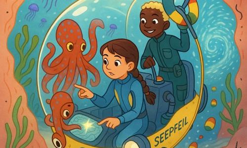 Zwei 12-jährige Kinder in einem kleinen Kugel-U-Boot 