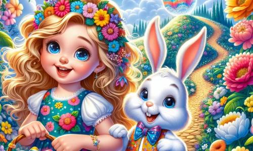 Una niña de 6 años, con largos cabellos dorados y rizos alegres, lleva un vestido colorido adornado con motivos florales. Son rostro muestra una gran sonrisa, y sus ojos brillan de curiosidad y emoción mientras sostiene una canasta de Pascua llena de huevos de colores. A su lado, un adorable conejito blanco llamado Benito, vestido con un chaleco multicolor, la observa con ojos brillantes, listo para llevarla en una aventura mágica. El escenario es un jardín encantador, lleno de flores gigantes de colores vivos, mariposas danzantes y un cielo azul radiante. Un camino sinuoso conduce a una colina arcoíris, donde hay un huevo mágico brillante en la cima. La escena muestra a la niña y al conejito subiendo alegremente la colina, rodeados de la magia de Pascua, con destellos de luz y colores vibrantes que evocan alegría y asombro.